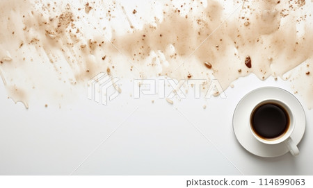 white cup of coffee near a large, artistic coffee stain on a white surface 114899063