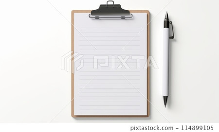 white pen lies next to a blank lined notepad on a wooden clipboard, all set against a clean white background 114899105