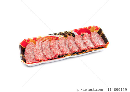 Japanese black beef (Kuro-kaba beef) shoulder meat for grilling served in a food tray [white background, cutout] 114899139
