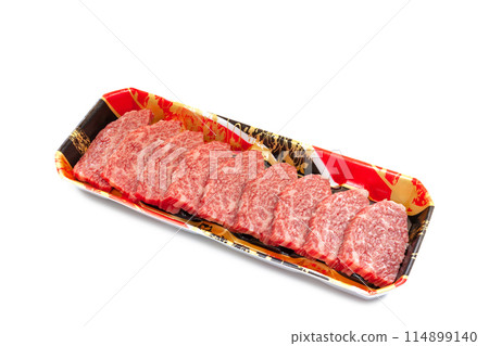 Japanese black beef (Kuro-kaba beef) shoulder meat for grilling served in a food tray [white background, cutout] 114899140