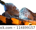 Nirvana white marble reclining Buddha, beautiful white background 114899157