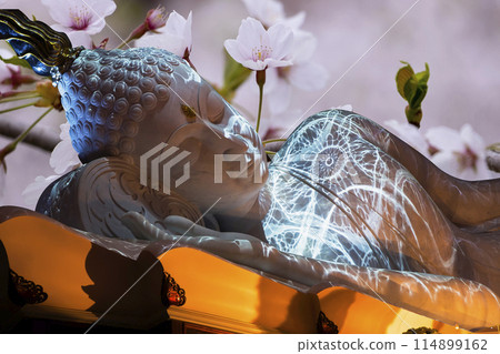 Nirvana white marble reclining Buddha, beautiful flower background. Nirvana white marble reclining Buddha, beautiful flower background. 114899162