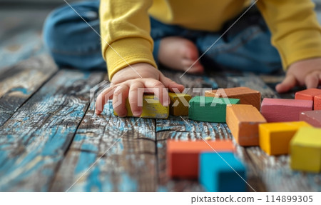 Little kid playing with colorful building blocks - Stock Illustration ...
