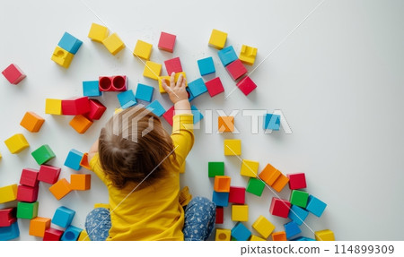 Little kid playing with colorful building blocks 114899309