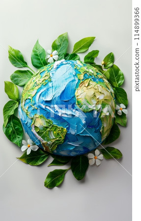 Painted Earth globe with green leaves and flowers decoration. Ecology and green energy concept Painted Earth globe with green leaves and flowers decoration. Ecology and green energy concept 114899366