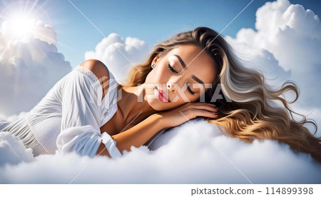 Beautiful Blonde Young Woman Sleeping Above the Fluffy Clouds - Generative Ai 114899398