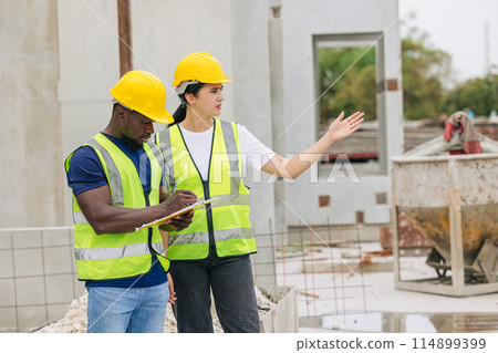 Engineer smart women working contact with African black worker in Precast concrete casting manufacturing company site inspector 114899399