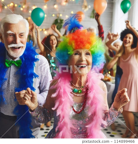 Elderly couple enjoying a party in flashy costumes Elderly couple enjoying a party in flashy costumes 114899466