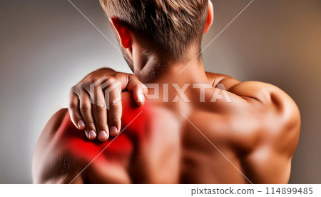 Closeup of a Man with a Pain in His Shoulder Which he Squeezes with His Hand - Generative Ai 114899485