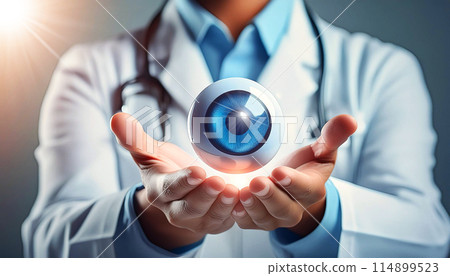 Cupped Hands of an Ophthalmologist Holding an Eye or Eyeball - Generative Ai 114899523