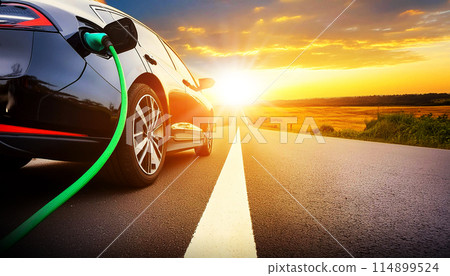 Electric Car at Charging Station with the Power Cable Supply Plugged in - Generative Ai 114899524