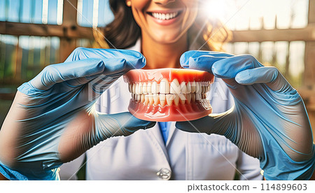 Hands of a Dentist with Blue Latex Gloves Showing a New Denture - Generative Ai 114899603