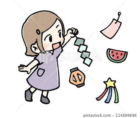 Girl making Tanabata decorations Girl making Tanabata decorations 114899696