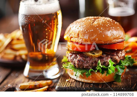 Hamburger and beer on table classic staple food pairing Hamburger and beer on table classic staple food pairing 114899708