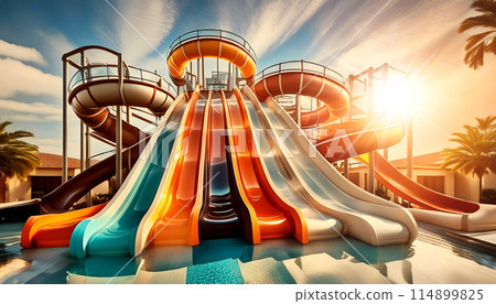 Water Park with Multicolored Slides in a Swimming Pool - Generative Ai 114899825