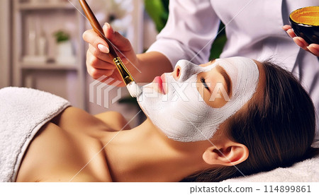 Young Beautiful Woman Receiving Clay Facial Mask From Beautician in Spa - Generative Ai 114899861