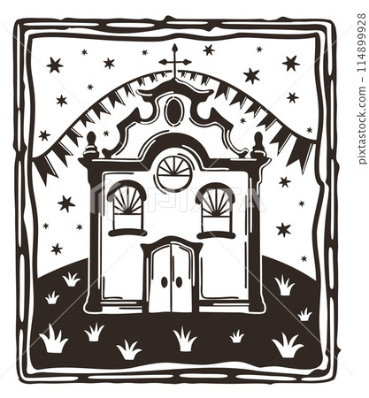 Festa Junina in Brazil. Cordel woodcut style. Church, starry sky, party flags and plants 114899928