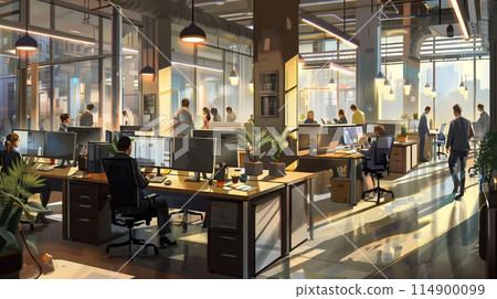 Office life: Busy with typing, meetings, and quick movement, showcasing corporate dynamism. 114900099