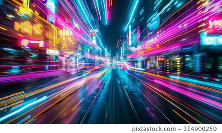Neon City Lights: Bright neon brings dynamic colors to the night, fostering a futuristic feel. 114900250