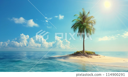 Solitary palm tree on an island surrounded by ocean under a sunny sky. 114900291