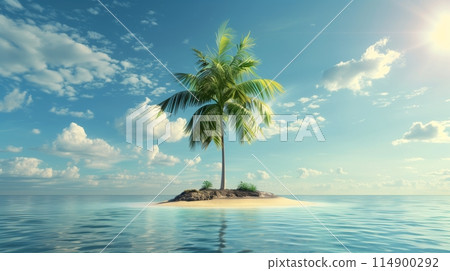 A palm tree on a desert island in an endless ocean under a sunny blue sky. 114900292