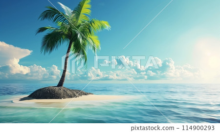 Desert island with a palm tree in the ocean, under a sunny blue sky. Ideal for text. 114900293