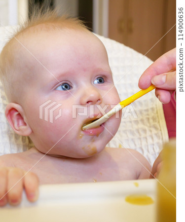 Mom feeding little boy with broccoli puree. Child at the age of six months eats broccoli while sitting on a baby chair. Mom feeding little boy with broccoli puree. Child at the age of six months eats broccoli while sitting on a baby chair. 114900636