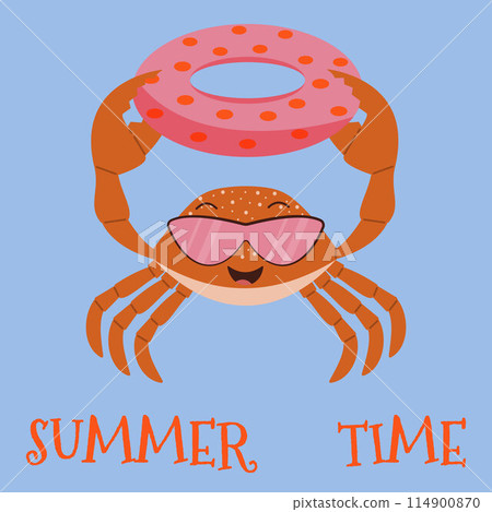 Cute Crab on the beach. Summer time. Cartoon funny illustration of a crab wearing sunglasses and holding an inflatable circle. Cute Crab on the beach. Summer time. Cartoon funny illustration of a crab wearing sunglasses and holding an inflatable circle. 114900870