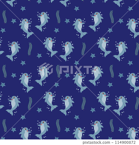 Cute dolphin seamless pattern background. Trendy pattern for wrapping paper, wallpaper, stickers. Underwater world. Illustration on dark blue background 114900872