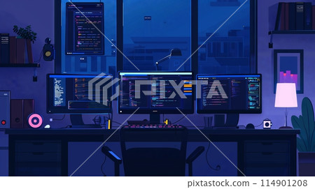 Ideal Dev Workspace: Tidy desk, dual monitors, coding and design tools. 114901208