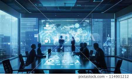Tech firm's room features large interactive display and top meeting tools for innovation. 114901212