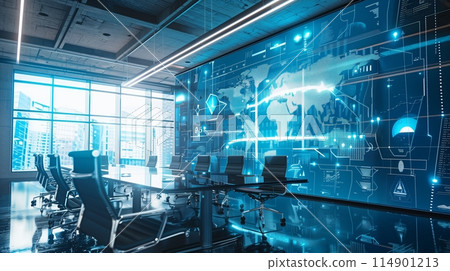 Modern conference room with large interactive display highlights tech firm's innovative ethos. 114901213
