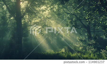 "Serenity in Nature: High-res tranquil forest wallpaper with sunlit foliage." 114901237