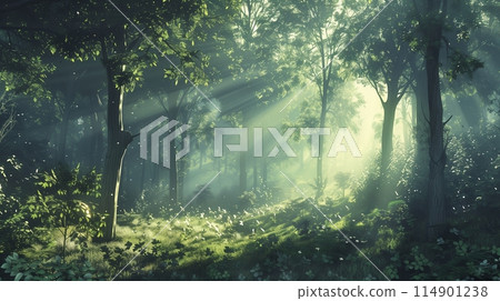 Serene forest wallpaper offers peace with sunlight through tall trees. 114901238