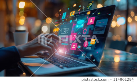 Marketer designs digital strategy with mind maps and icons on laptop, highlighting new techniques. Marketer designs digital strategy with mind maps and icons on laptop, highlighting new techniques. 114901294