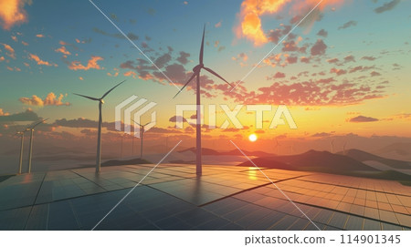 Renewable energy innovation with wind turbines and solar panels in landscapes. Renewable energy innovation with wind turbines and solar panels in landscapes. 114901345