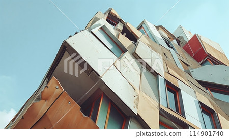 Deconstructivist building: fragmented, asymmetrical, irregular shapes, sharp angles, diverse materials. 114901740