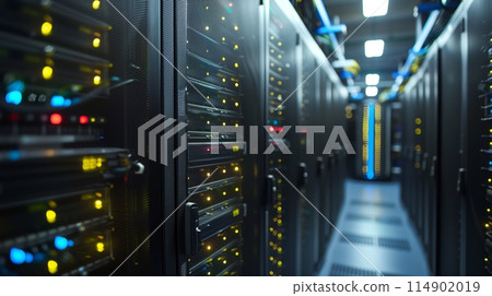 Modern Server Room: Sleek racks and organized cables in a data center, key to tech infrastructure. 114902019