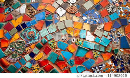 Colorful mosaic centerpiece with interlocking tiles showcasing abstract patterns. 114902026