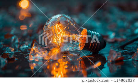 Shattered bulb center, fragments cast mesmerizing light through triangular shards. 114902027