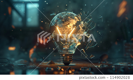 A shattered bulb with reflective triangular pieces lies at the center. 114902028
