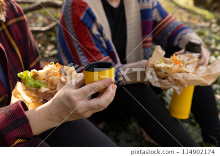 picnic in the woods, two young women eating and drinking tea from a thermos in the woods picnic in the woods, two young women eating and drinking tea from a thermos in the woods 114902174