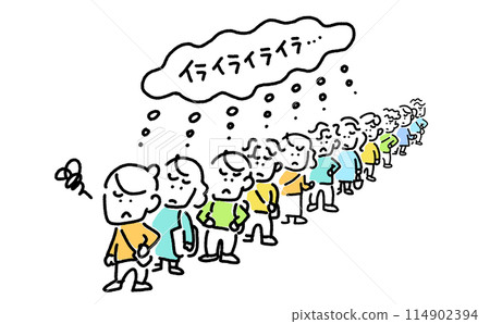 Cartoon style people waiting in line, frustration, waiting time, stress, simple and cute line drawing illustration 114902394