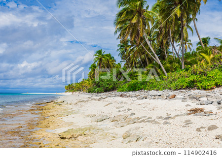 Tropical beach on Maldives island. Holiday banner with sandy beach and blue ocean, no people 114902416