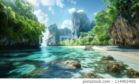 Hidden Beach Cove: Lush, cliff-surrounded oasis with crystal-clear waters for serene outings. Hidden Beach Cove: Lush, cliff-surrounded oasis with crystal-clear waters for serene outings. 114902488