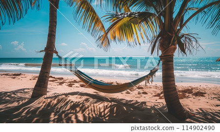 "Beach Hammock Oasis: Between palms on sandy shore, sways in the breeze, serene escape with wave sounds." "Beach Hammock Oasis: Between palms on sandy shore, sways in the breeze, serene escape with wave sounds." 114902490