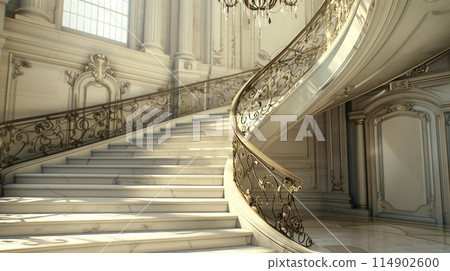 Stunning photo of an elegant grand staircase with marble steps and chandelier. 114902600