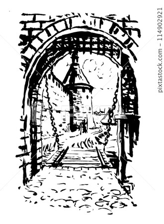 Gate of a medieval castle. Watercolor vector illustration 114902921