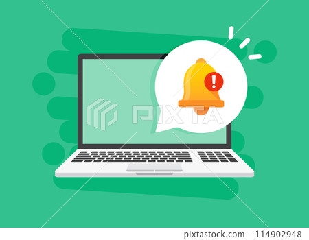 Laptop notification icon in flat style. Computer vector illustration on isolated background. Reminder message sign business concept. Laptop notification icon in flat style. Computer vector illustration on isolated background. Reminder message sign business concept. 114902948