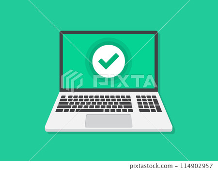 Laptop icon in flat style. Computer vector illustration on isolated background. Approved check mark sign business concept. 114902957